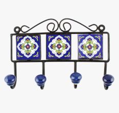 Navy Blue White Ceramic Floral Tiles Hook 