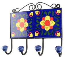 Navy Blue And Red Ceramic Floral Tiles Hook 