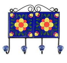 Navy Blue And Red Ceramic Floral Tiles Hook 