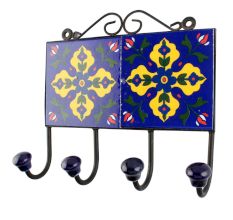 Navy Blue And Yellow Leaf Ceramic Floral Tiles Hook 