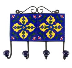 Navy Blue And Yellow Leaf Ceramic Floral Tiles Hook 