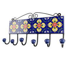 Navy Blue With Yellow Leaf Ceramic Floral Tiles Hook 