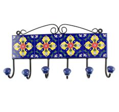 Navy Blue With Yellow Leaf Ceramic Floral Tiles Hook 