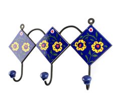 Navy Blue And Yellow Ceramic Floral Tiles Hook