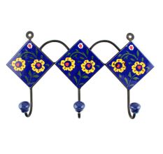 Navy Blue And Yellow Ceramic Floral Tiles Hook