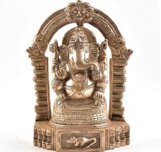 Sitting Lord Ganesh Ji Statue With Temple Arch In Brass