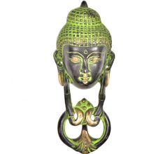 Brass Buddha Face Door Knocker in Rich Green Patina