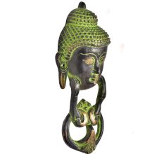 Brass Buddha Face Door Knocker in Rich Green Patina