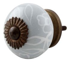 Grey Leaf Floral Ceramic Dresser Knob 