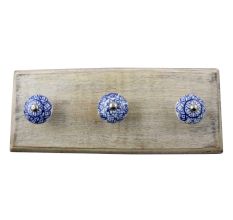 Blue Flower Ceramic Floral Wooden Hook