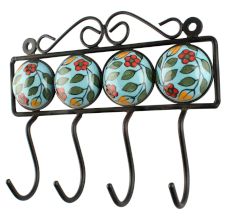 Turquoise With Green Leaf Ceramic Floral Tile Hook