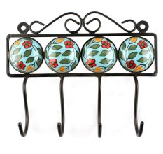 Turquoise With Green Leaf Ceramic Floral Tile Hook
