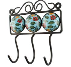 Turquoise With Green Leaf Ceramic Floral Tiles Hook