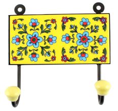 Yellow With Turquoise Tiny Flower Ceramic Tiles Hooks