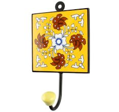 Yellow Base Brown Leaf Flower Ceramic Tile Hook