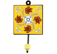 Yellow Base Brown Leaf Flower Ceramic Tile Hook