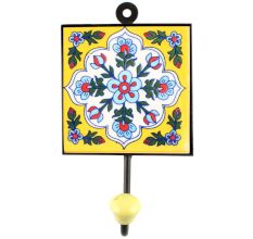 White Base Turquoise Ceramic Floral Tiles Hook 