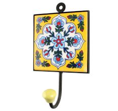 White Base Turquoise Ceramic Floral Tiles Hook 