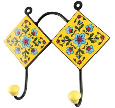 Yellow Base Turquoise Tiny Flower Ceramic Tiles Hook 