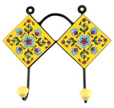 Yellow Base Turquoise Tiny Flower Ceramic Tiles Hook 