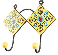 Yellow With Turquoise Tiny Flower Ceramic Tile Hook