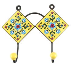 Yellow With Turquoise Tiny Flower Ceramic Tile Hook