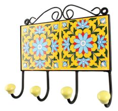 Yellow Base Turquoise Sonflower Ceramic Tiles Hook 