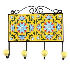 Yellow Base Turquoise Sonflower Ceramic Tiles Hook 