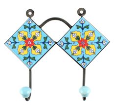Turquoise Base Red Tiny Flower Ceramic Tiles Hook 
