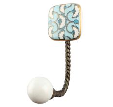 Turquoise Sea Shell Square Ceramic Wall Hook in Antique Fitting 