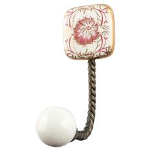 Pink Flower Square Ceramic Wall Hook in Antique Fitting 