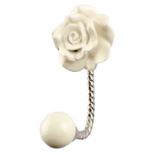 Cream Rose Flower Ceramic Wall Hook in Silver Fitting 