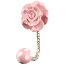 Pink Flower Ceramic Wall Hook in Silver Fitting