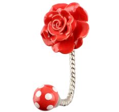 Red Flower Ceramic Wall Hook in Silver Fitting