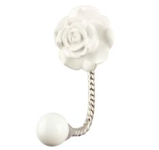 White Rose Flower Ceramic Wall Hook in Silver Fitting
