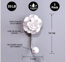 White Rose Flower Ceramic Wall Hook in Silver Fitting