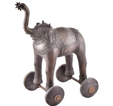 Handmade Brass Elephant Statue On Rolling Wheels 
