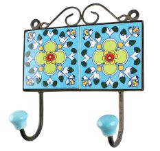 Turquoise Lime Floral Ceramic Tiles HooK