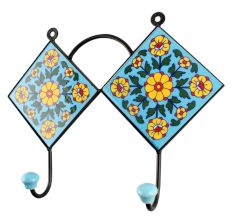 Turquoise Yellow Flower Ceramic Tiles Hooks