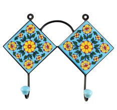Turquoise Yellow Flower Ceramic Tiles Hooks