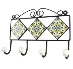 Forest Green Ceramic Floral Tile Hook