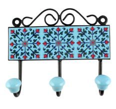 Turquoise Floral Ceramic Tile Hook
