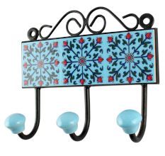 Turquoise Floral Ceramic Tile Hook