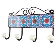 Turquoise And Red Flower Ceramic Tile Hook 