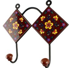 Ceramic Floral Tile Hook in Brown
