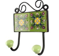 Ceramic floral Tile Hook in Pea Green