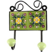 Ceramic floral Tile Hook in Pea Green