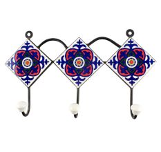 Navy Blue Ceramic Floral Tile Hook