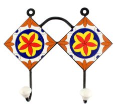 Ceramic Floral Tile Hook in Orange