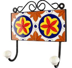 Ceramic Floral Tile Wall Hook in Orange